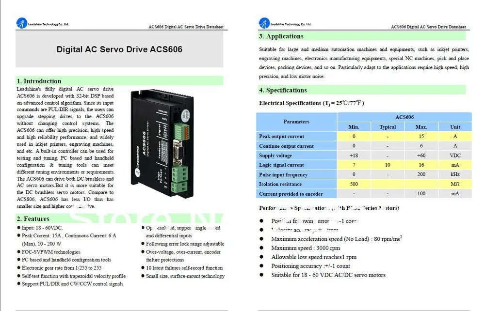 Набор сервоприводов Leadshine, сервопривод постоянного тока ACS606 и 200 Вт, серводвигатель переменного тока, ACM602V36-01-1000, кодировщик 1000 линии+ кабели