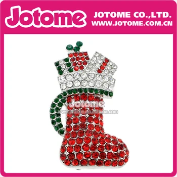 

100pcs/lot 2016 Christmas Santa Claus Childrens Silver Multi colored Crystal Rhinestone Stocking Brooch