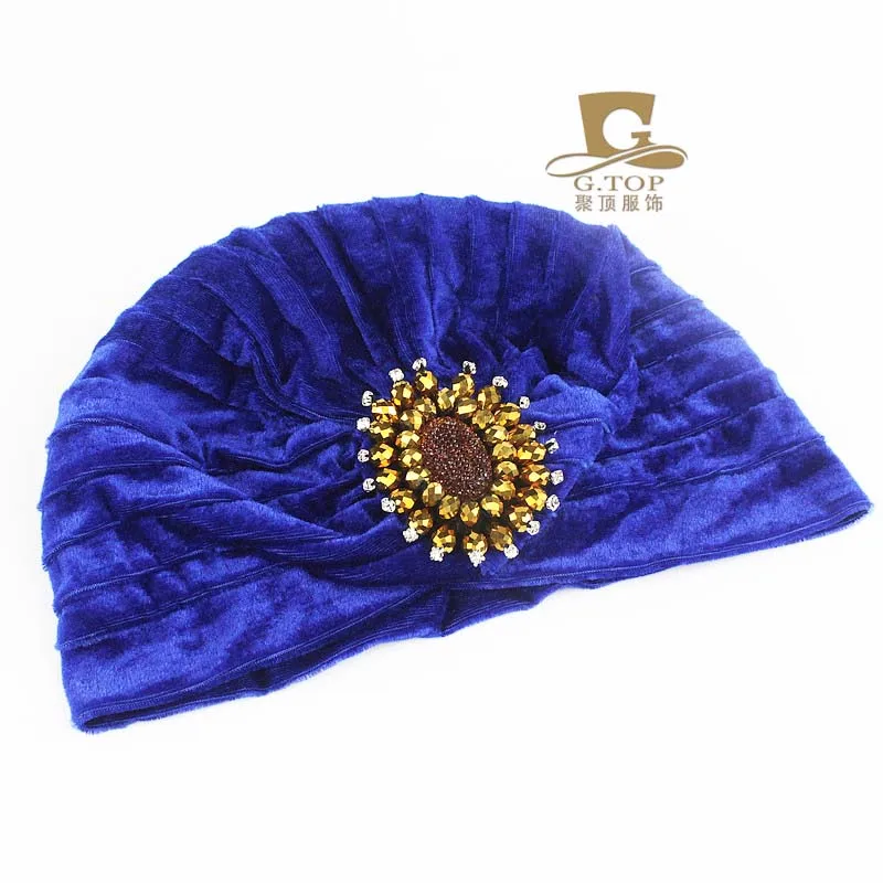 NAVY BLUE Для женщин индийский головной убор новые модные бусины сверкают Даймонд Изукрашенный бархат тюрбаны головной обруч волосы шляпа G-181 - Цвет: NAVY BLUE