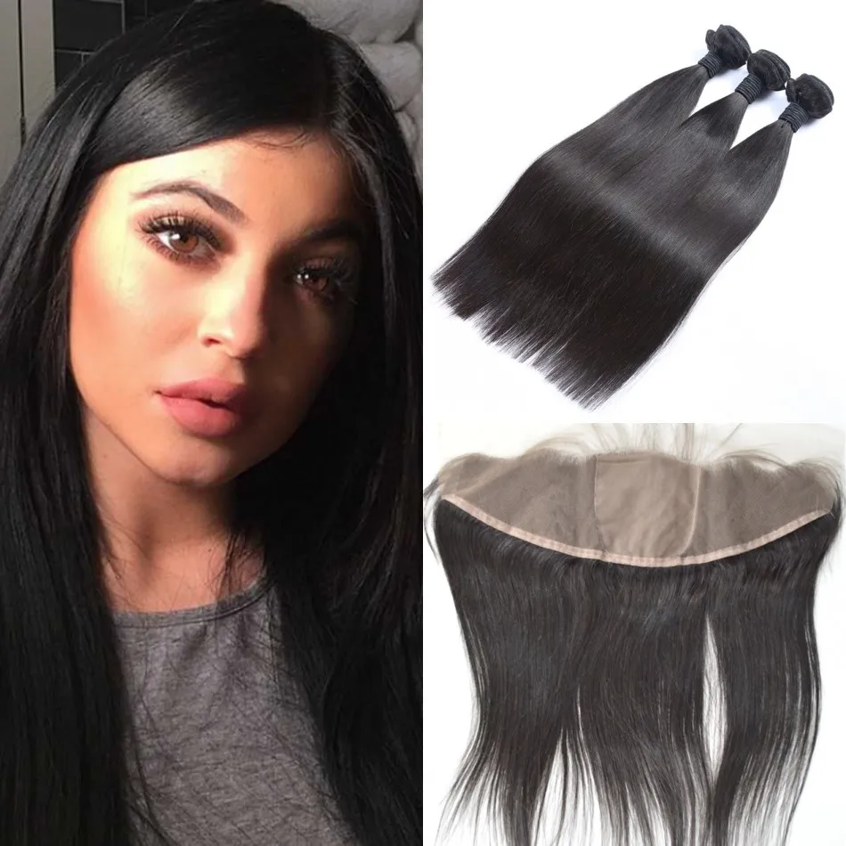 

Brazilian Virgin Human Hair With Closure 4pcs lot Brazilian Virgin Hair Straight With Silk Base Frontal 13x4 with baby Hair