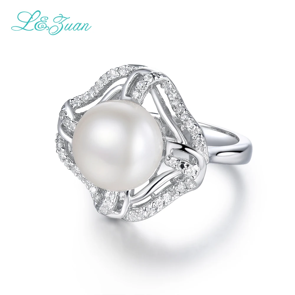 Я и Цзуань S925 Sterling Silver Pearl Кольца для Для женщин белого пресноводного Диаметр 9~ 10 мм круглый жемчуг цветок кольцо роскошные Ювелирные украшения