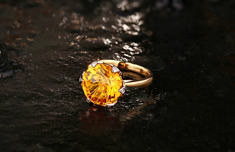 Caimao Jewelry 12mm Round Cut 7.21ct Citrine Ring 14k Gold With Natural Diamond
