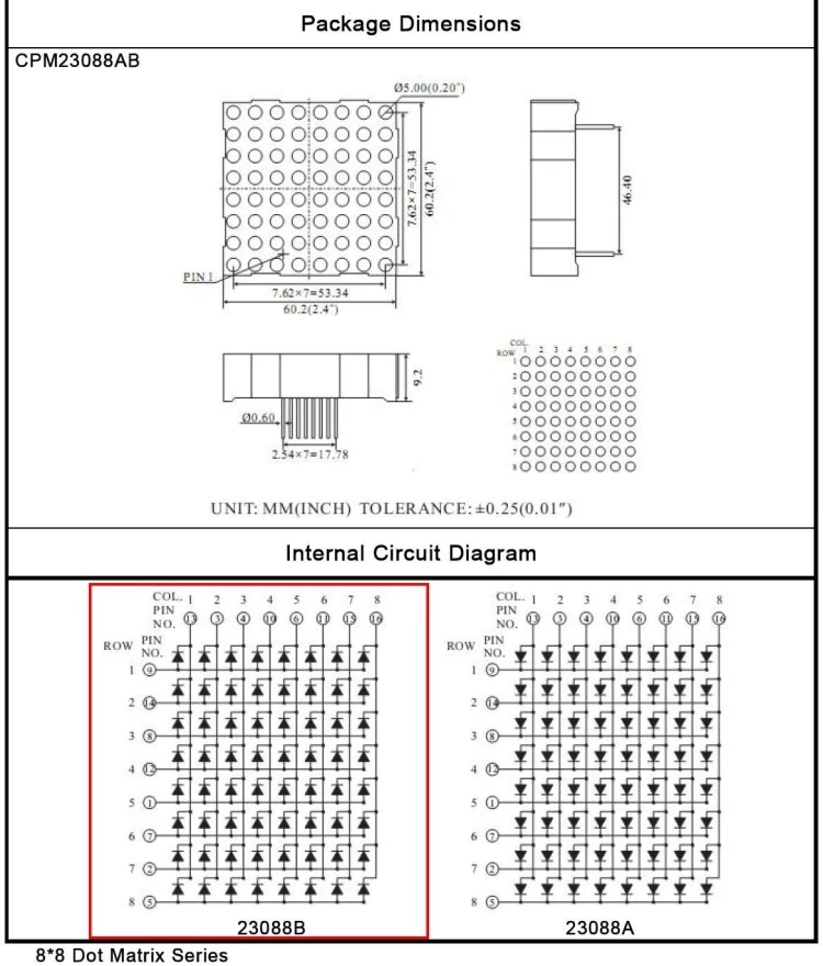 CPM23088CCRG 8x8 60,2 мм x 60,2 мм точечная матрица 5 мм общий анод красный и зеленый 12 шт./лот
