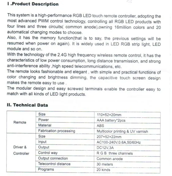 2.4 ГГц СИД РФ RGB сенсорный контроллер, AC100-240V вход, 12 В* 3A* 3 выходной канал