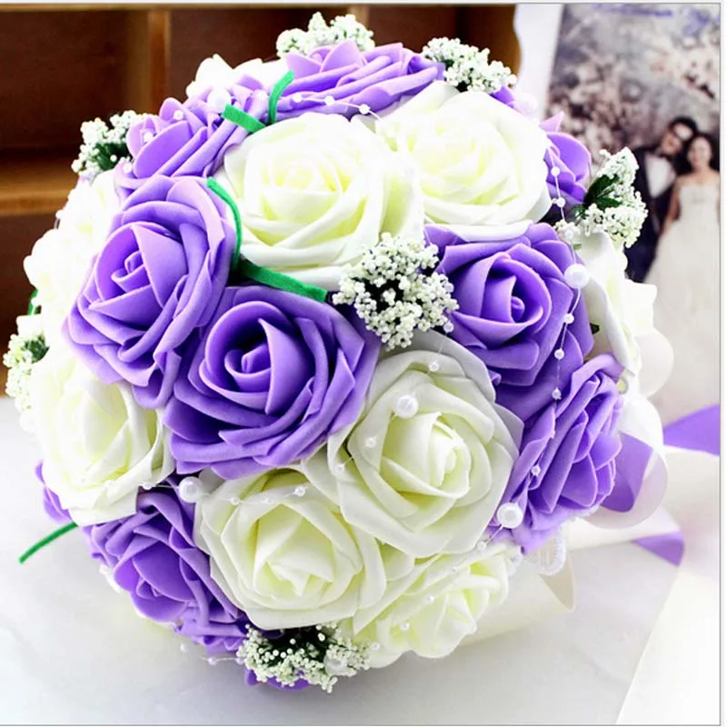 Purple and white Ручной работы pe роза Искусственные цветы невесты рука цветок высокое качество люкс букет невесты Свадебные цветы декоративные - Цвет: Purple and white