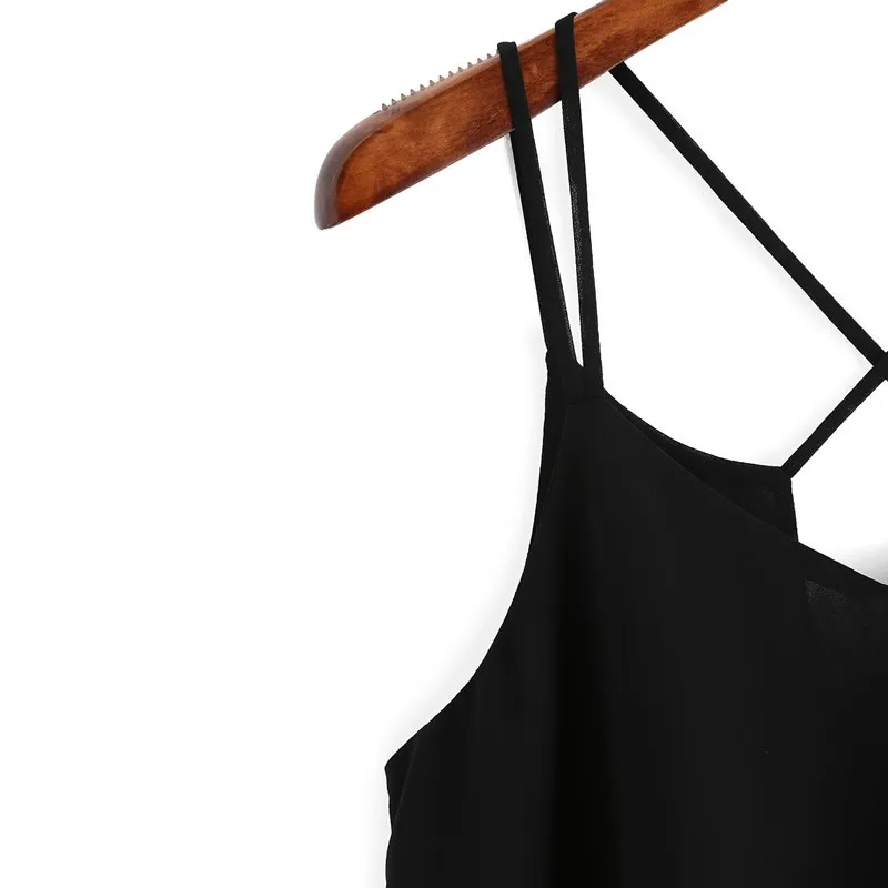 New-Arrival-Plain-Black-Spaghetti-Strap-Lace-V-Neck-Chiffon-Camisole-Cami-Top-Korean-2016-Summer (1)