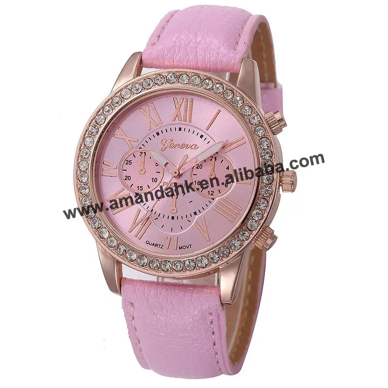 High Wholesale High Quality Crystal Leather Watch Women Fashion Cute Dress Wrist Watch Luxury Leather Roman Number Watches