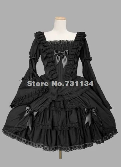 Черный труба с длинными рукавами гофрированное хлопковое платье Лолита, готический шар платье для женщин