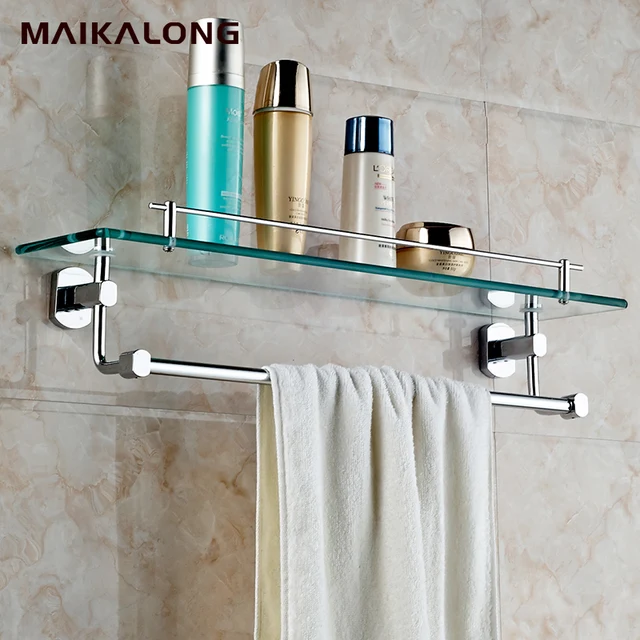 Bathroom Glass Shelf Wall Mount with Towel Bar and Rail, chrome Finish