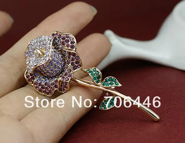 Блестящие-золотой тон Muticolor Украшенные стразами Diamante розы Свадебный Брошь Pin