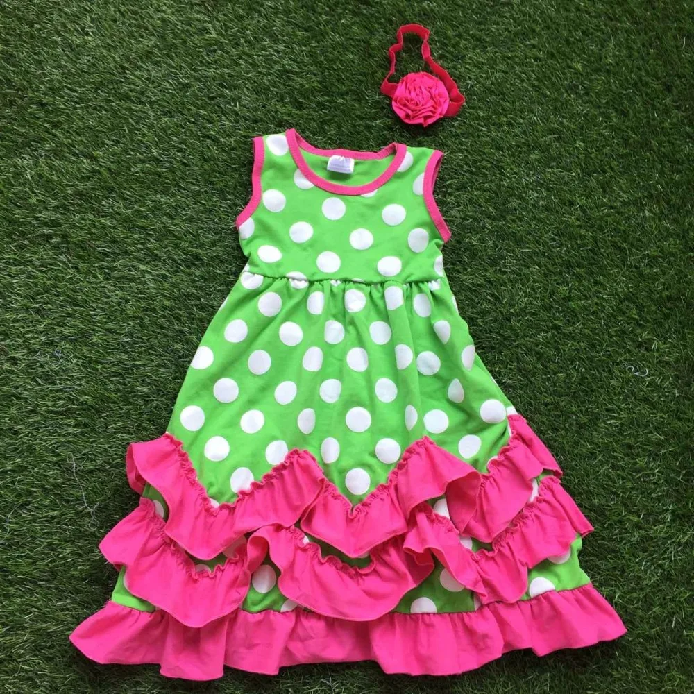 

1-9 years old Fully stocked new arrival fashion girls green white dot cute dress hot pink ruffle dress with headwear
