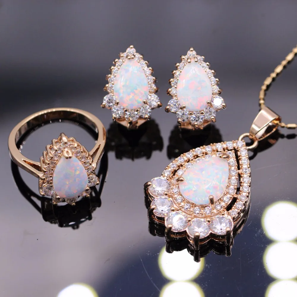 

JY Elegance fire White opal Jewerly Sets for women Zircon Gold Color Ring&Pendant&Earrings Luxury Anniversary Gift