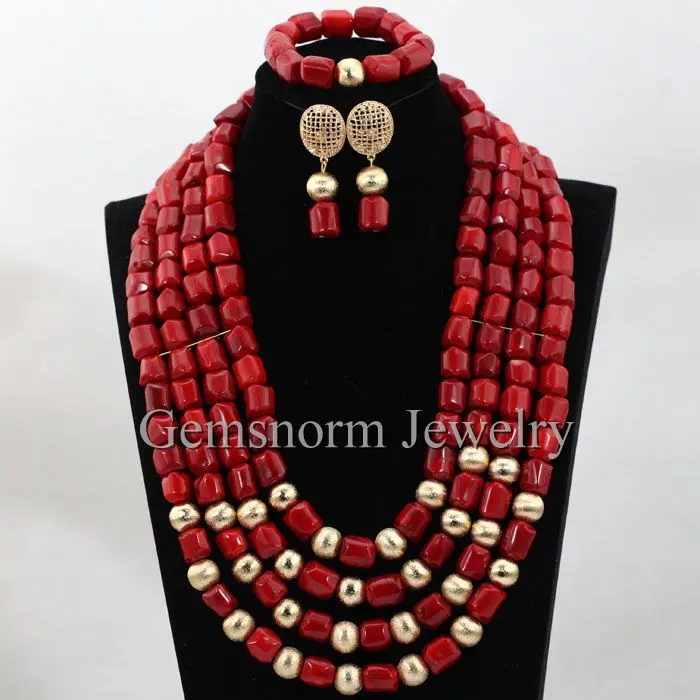 

Amazing Red Coral Wedding Beads African Jewelry Set New Costume Bridal Necklace Set Free Shipping CNR545