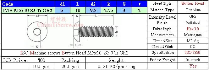 Титановые винты M5x10 ISO 7380 с шестигранной головкой, полированные 10 шт