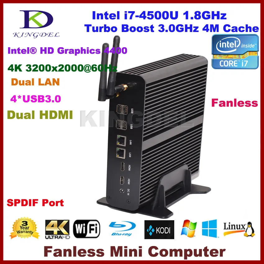 Fanless computer intel core i7 4500U/4560U mini pc,Dual lan 2*HDMI+USB 3.0,300M WIFI,Windows 10