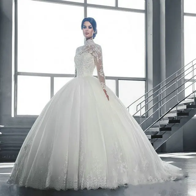 de manga larga de encaje blanco vestido de novia 2017 una línea de