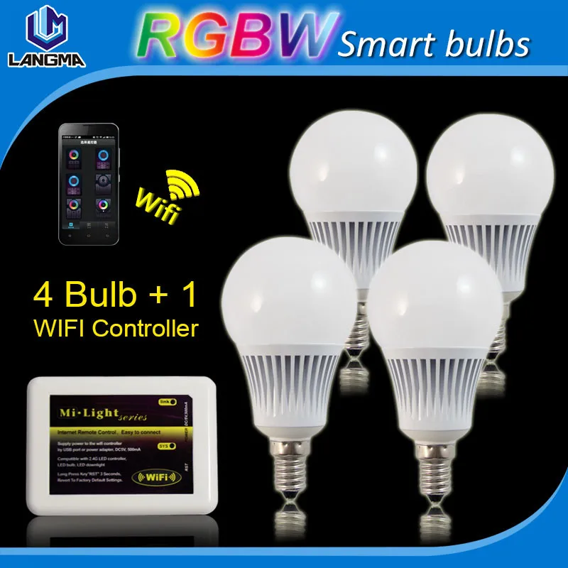 (4 шт. Лампы + Wifi) Mi. light E14 5 Вт RGBW Светодиодные лампы Беспроводной Умный Свет AC85 265V