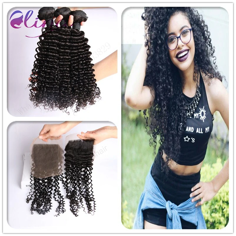 

10A Rosa Malaysian Kinky Curly 3 Bundles With Closure Unprocessed Virgin Hair Lace Closure With High Quality Human Hair Weave