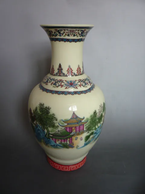 Редкая коллекция Цяньлун (1711-1799) Famille Роуз фарфор Пейзаж павильон ваза, лучшая коллекция и украшения, бесплатная доставка