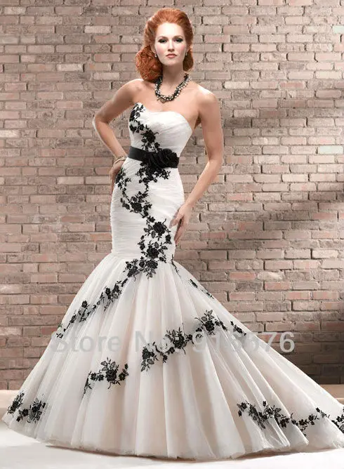 white wedding dress with black flowers