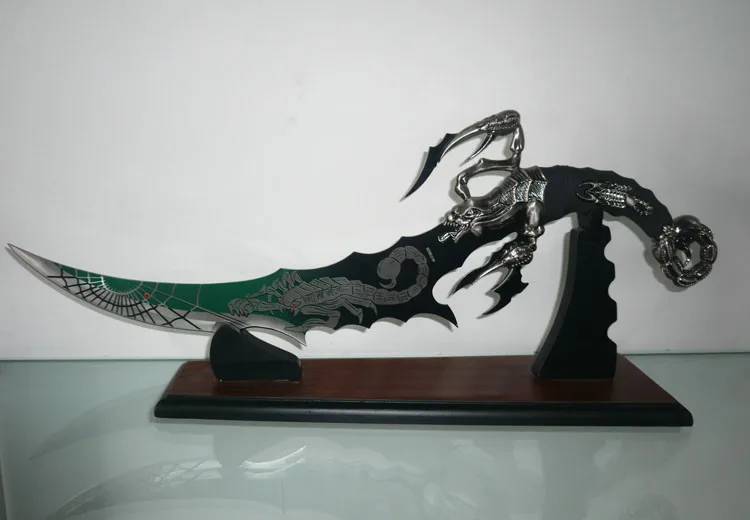 

S0145 SPIDER WEB SCORPION DEATH KNIFE SWORD GREEN PAINTINGS BLADE W/ STAND 21"