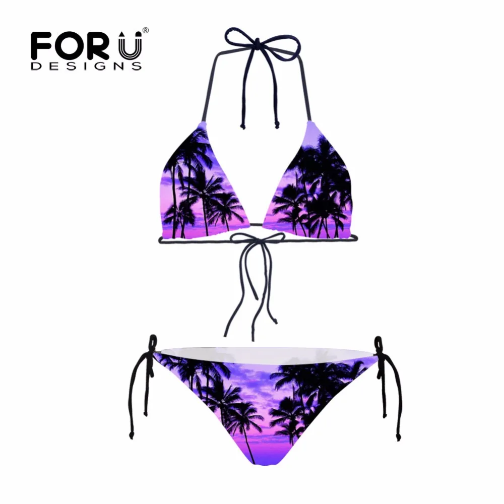 

FORUDESGINS Summer Swimwear Push Up Palm Trees Print Retro Women's Low Waist Bandage Bathing Suits Bikinis Set for Beach Girls
