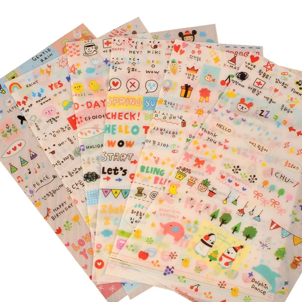 6 Sheet Paper Stickers for Diary Scrapbook Book Wall Decor for decoration Cartoon stickers