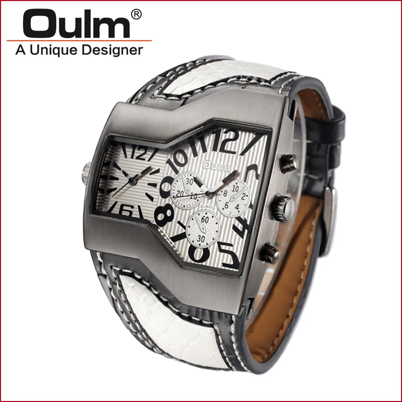 

OULM Brand men watch dual time zone sport style quartz cool watches for teenagers with leatheroid belt