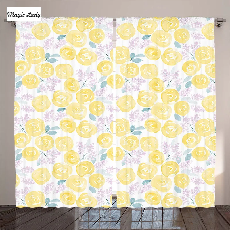 Kitchen Curtains Yellow Watercolor Flower Decor Collection Rose Paint