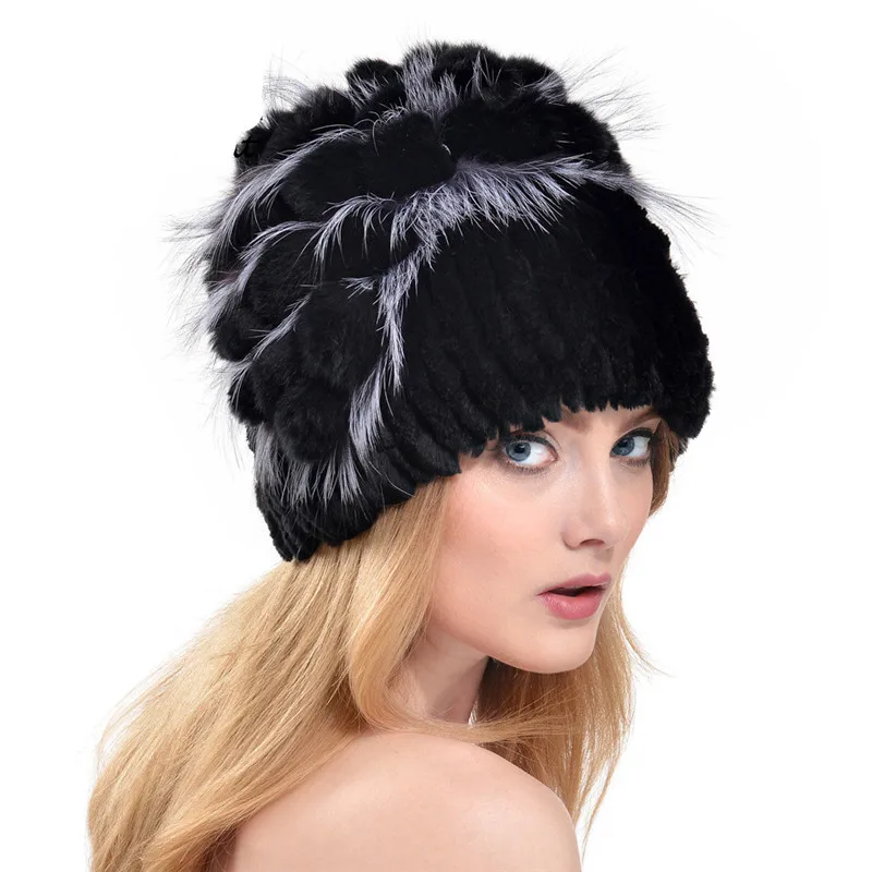 Новинка 2016 вязаная шапка из кролика Рекс с шапкой серебряного лисьего меха