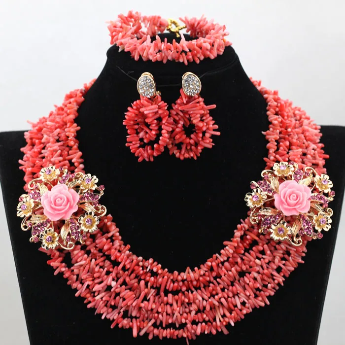 Charms 6 Rows Pink Coral Necklace Jewelry Set Fashion Broken Beads