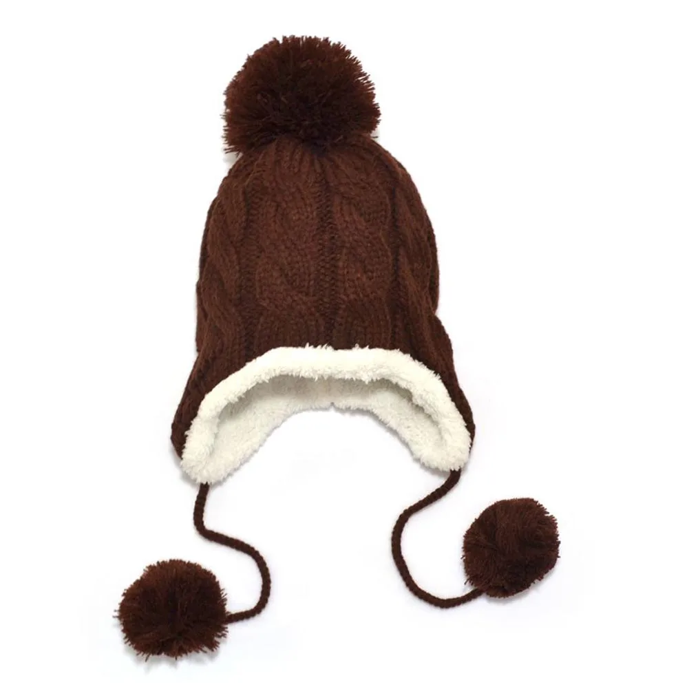 

Korean Fashion Children Hat Wool Knitted Twist Plus Velvet Ears Girls Boys Beanies Three Balls Red Winter Warm Cap Gorro