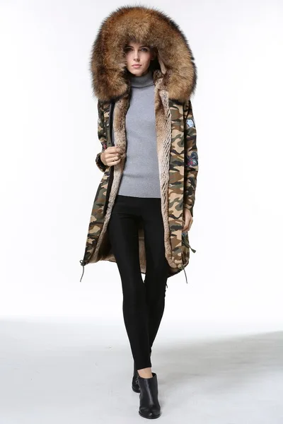 Hot Women Fake Fur Parkas Camouflage Parkas Hooded Fur Army Green Overcoat Free Shipping