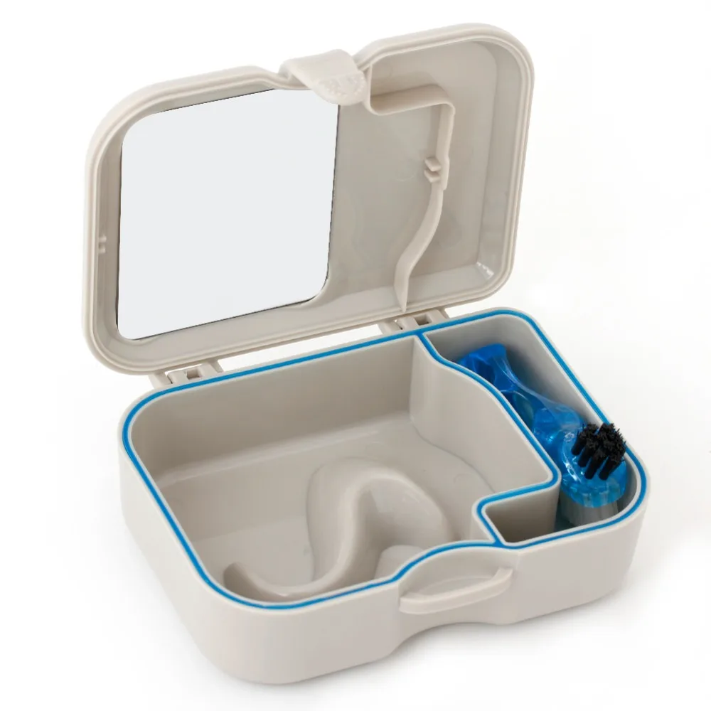 Denture Storage Box Case With Mirror and Cleaning Brush Dental