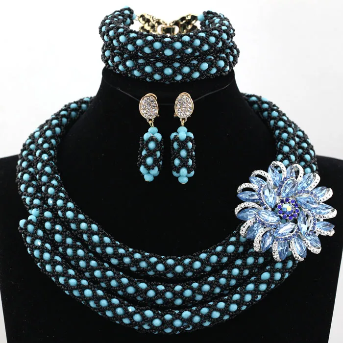Awesome Nigerian Wedding Beads Teal Crystal Jewelry Set Black Seed Beads Queen Lady Party Jewelry Set Free shipping WA957 - Окраска металла: B