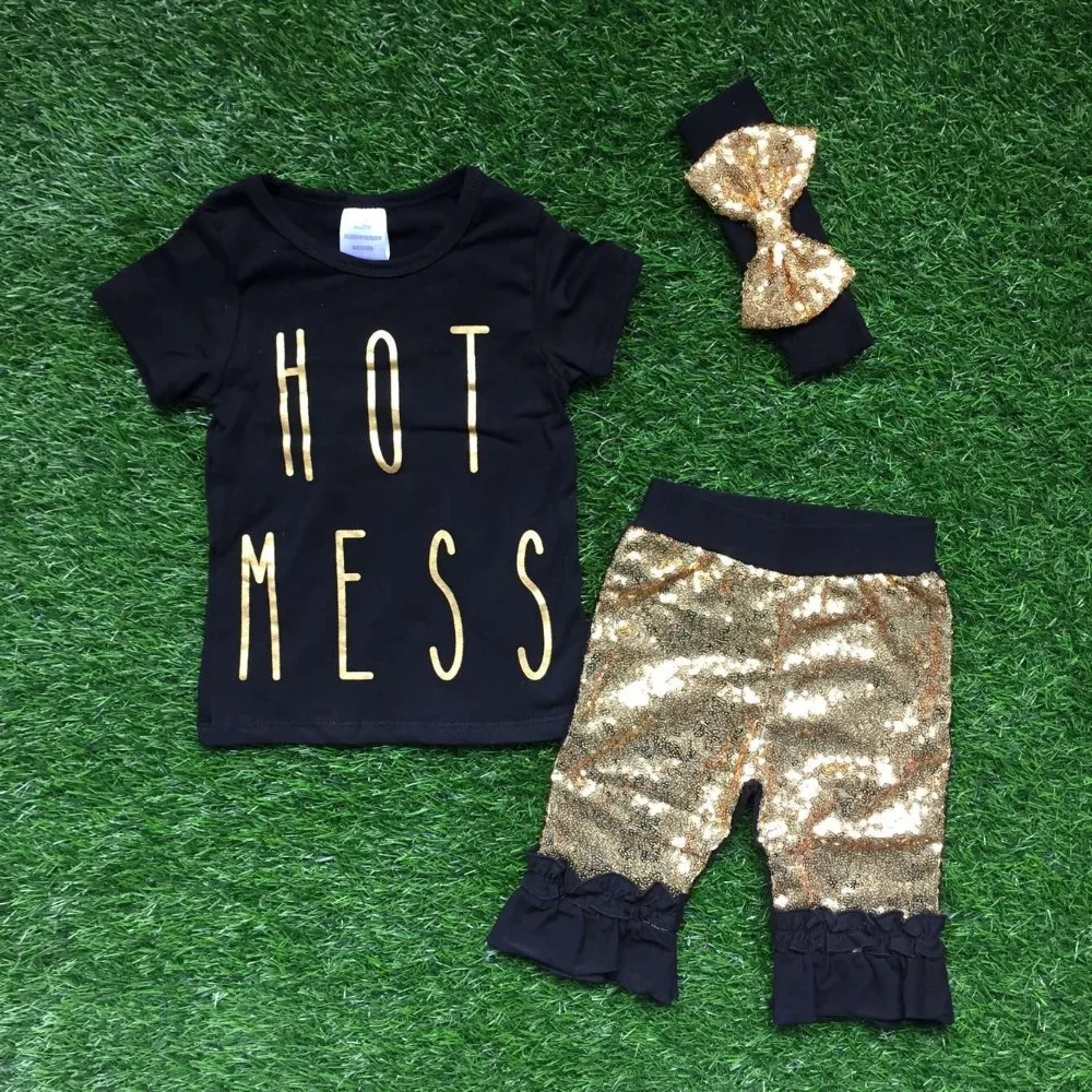 Neue Mädchen sommer design kurzen ärmeln outfits mädchen boutique kleidung heißer verwirrung mit shorts hosen sommer sets mit stirnband