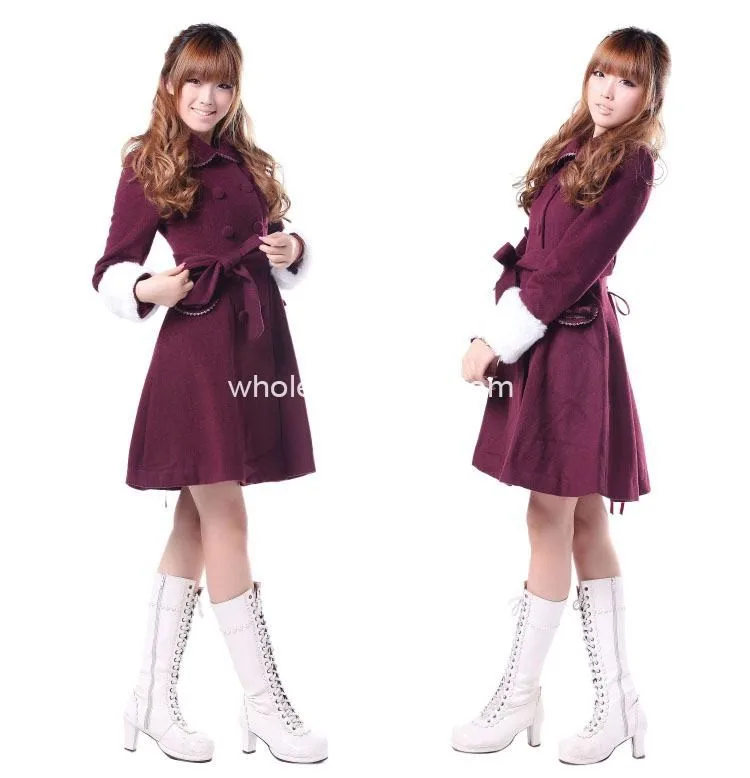 Изготовленный На Заказ японский дешевый милый бордовый шерсть милое зимнее пальто Зимние пальто для девочек Брендовое длинное зимнее пальто
