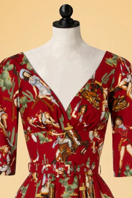 40- summer women vintage 50s red livia cowgirl frock v neck swing midi dress rockabilly pinup vestidos plus size 4xl dresses