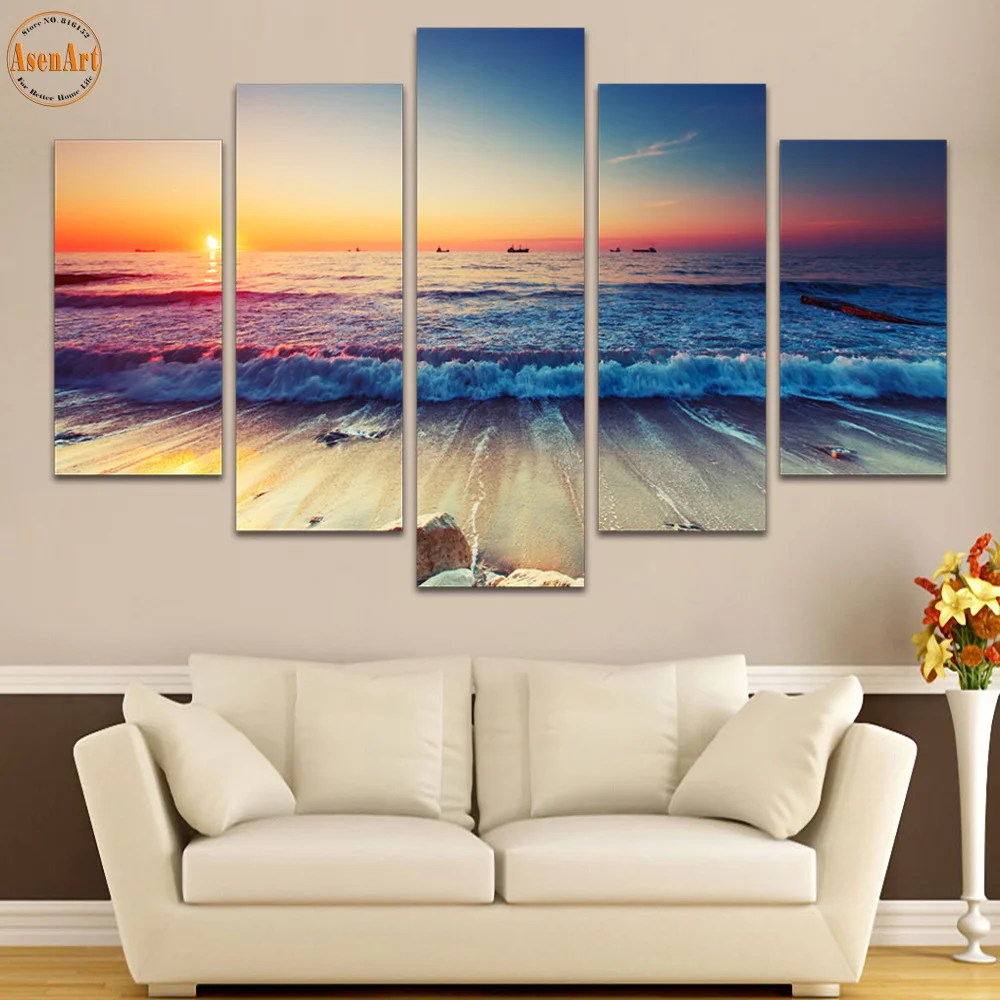 Home Decor Prints Wall : Panel wall art seaside landscape painting sunset