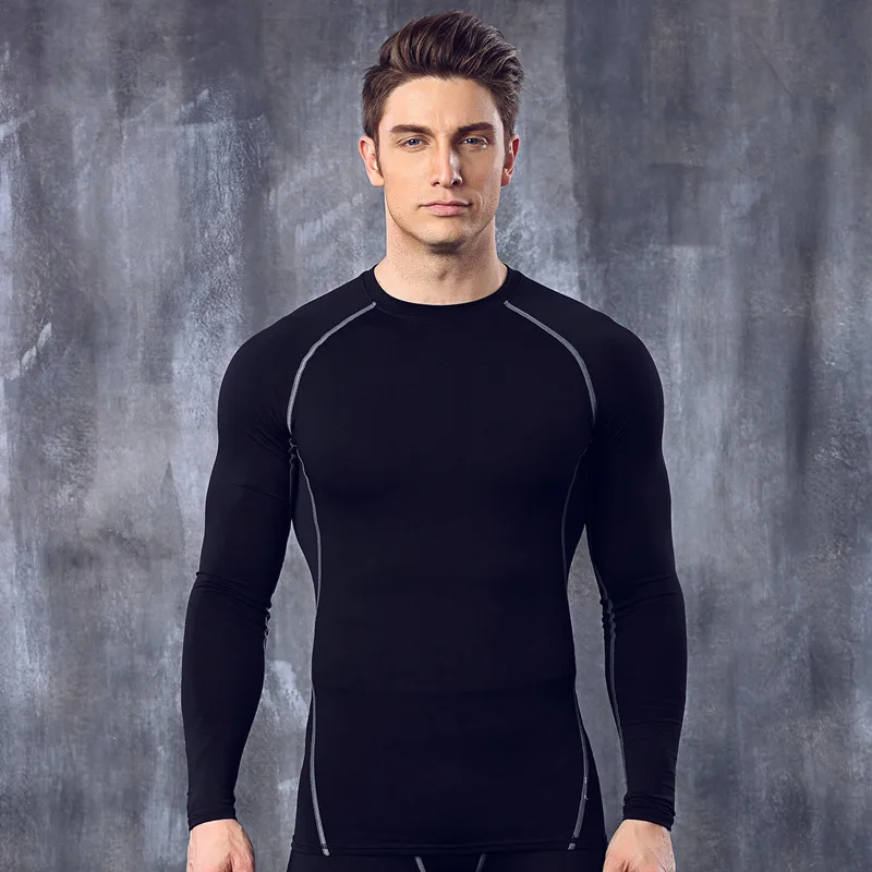 Черный Для Мужчин's body shaper фитнесс Одежда футболки эластичные компрессионные быстрое высыхание топы с длинными рукавами MA25 - Цвет: Черный