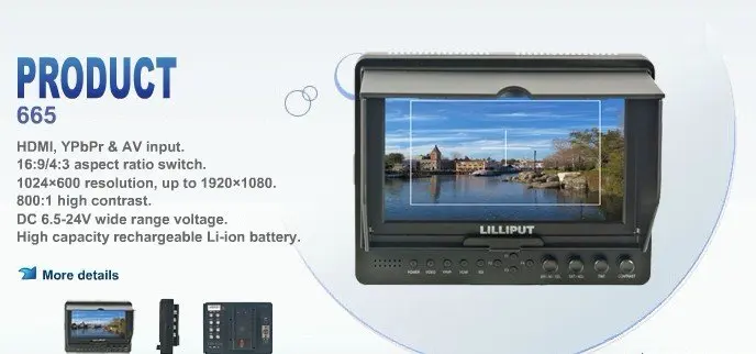 Lilliput 665/O " на камеру HD ЖК поле dslr монитор HDMI в& out Композитный YPbPr пикселя к пикселю для full hd камеры