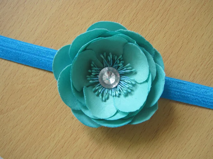 Hot Sale Solid Color Multilayer Fabric Chiffon Flowers With Crystal In Center& Shiny Thin Elastic Hair Band 20sets/lot