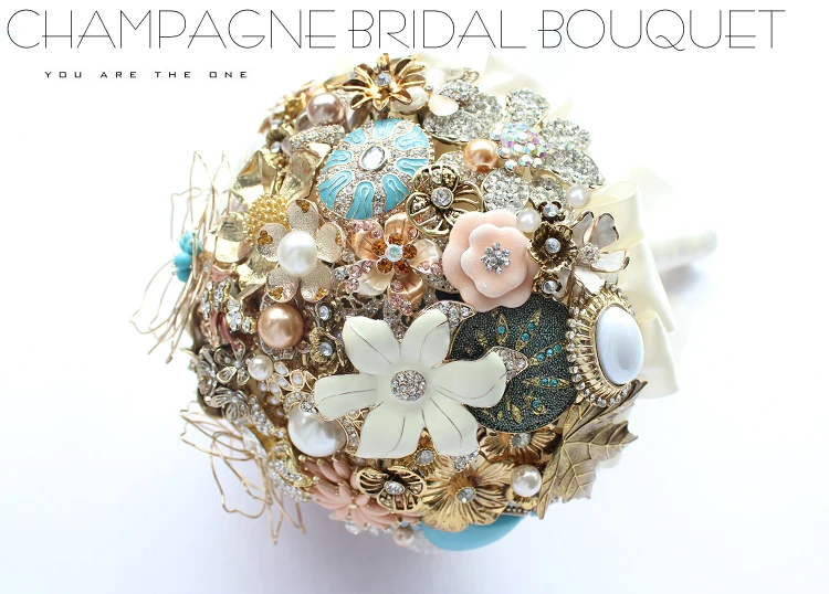 8 Дюймов шампанское свадьбы невеста букет BridalBroochBouquetAntique золотые цветы невесты букет