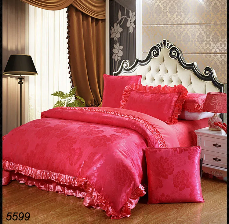 Wire red silk bedding sets plants jacquard bed linens satin silk quilt