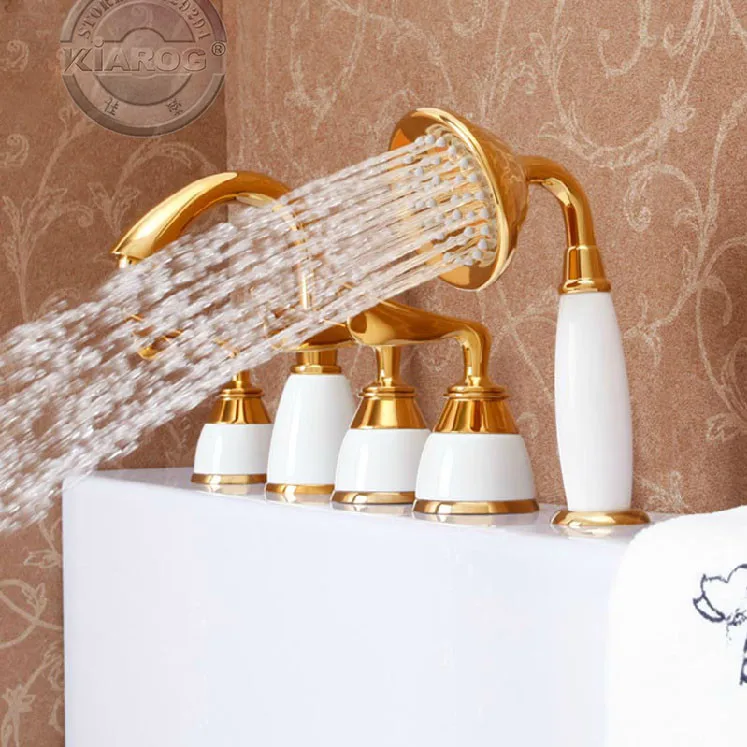 Три ручки и один душ головы Ванна золото Faucet. золото Ванна водопроводный кран. Ванная комната золото Ванна смеситель 5 комплектов GY-607S
