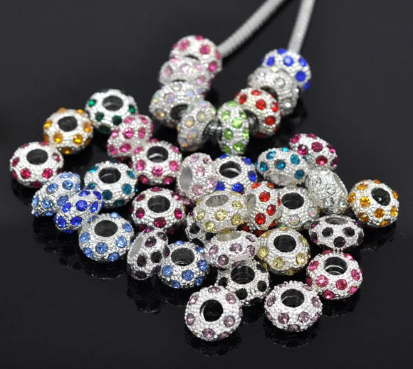 100 шт. случайный Смешанная Посеребренная прокладки Rhinestone Бусины. Подходит Европейский Браслеты с подвесками 11x6 мм
