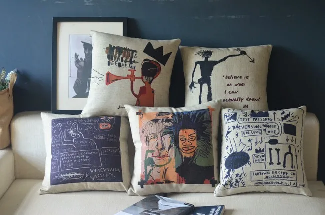 Граффити Basquiat простой ретро Хлопок Подушка с граффити, льняная Подушка автомобиля офисные подушки Декор 45*45 см
