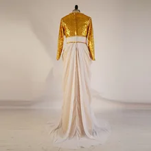 2016 New Fashion Gold Prom Dresses Long Sleeves Sequin Dress Abaya in Dubai Muslim Evening Dresses Moroccan Kaftan Dubai