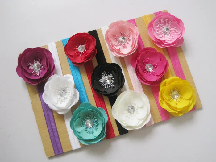 Hot Sale Solid Color Multilayer Fabric Chiffon Flowers With Crystal In Center& Shiny Thin Elastic Hair Band 20sets/lot