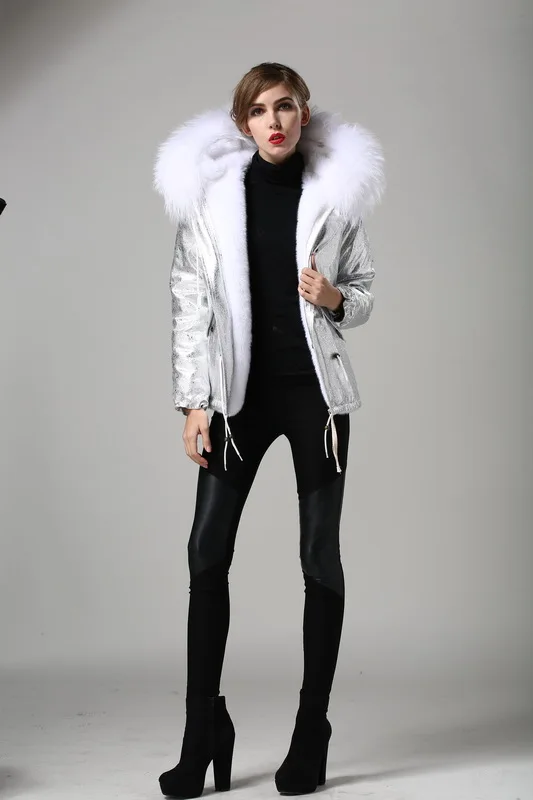 Women Fur Hooded Parka Padded Eal Fur Parka Silver Foil White Faux Fur Lined Parka with Natural Mr Mrs Fur Coat Parka